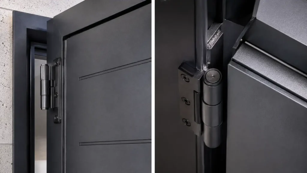Close up pintu rumah besi dengan lapisan antikarat dan powder coating untuk perlindungan cuaca luar ruang.
