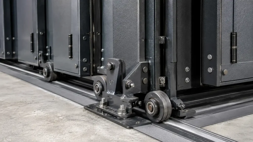 Detail rel, roda, engsel, dan rangka pintu ruko besi untuk bukaan usaha yang kuat dan awet.