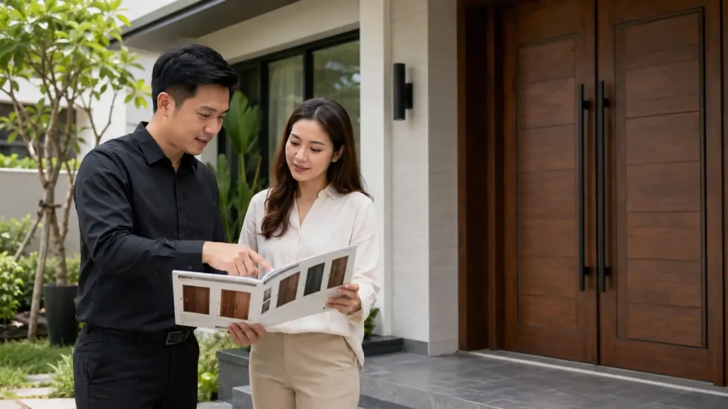 Konsultan membantu pemilik rumah memilih desain pintu rumah minimalis custom sesuai fasad dan kebutuhan keamanan.