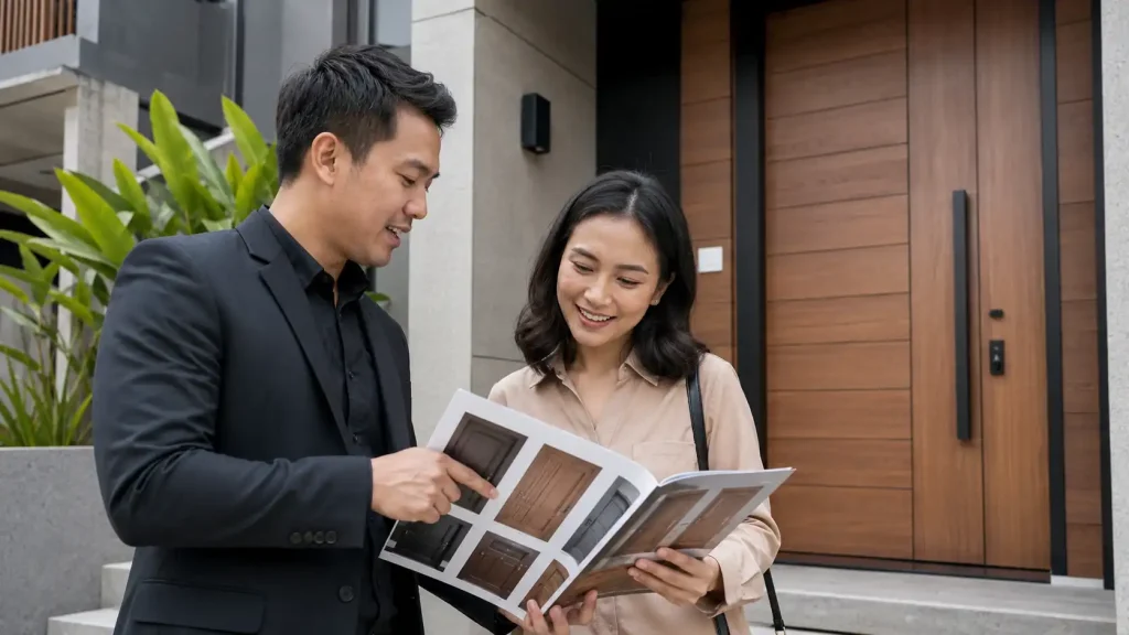 Konsultan membantu pemilik rumah memilih desain pintu rumah custom sesuai ukuran, material, dan gaya bangunan.