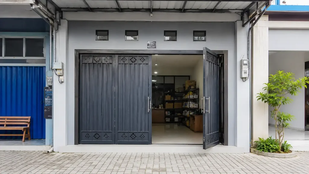 Pintu ruko besi terbuka sebagian pada bangunan usaha kecil dengan akses lebar dan tampilan rapi.