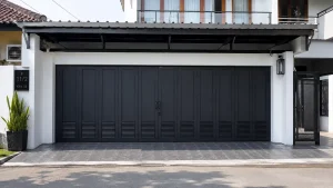 Pintu lipat besi minimalis pada garasi rumah modern dengan fasad rapi dan pencahayaan natural.
