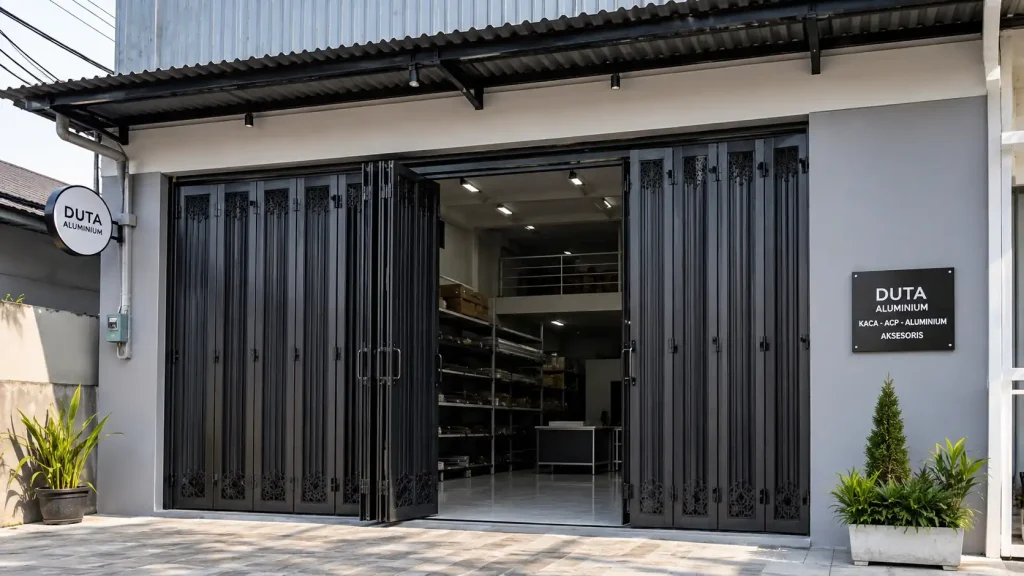 Pintu lipat besi pada ruko modern yang memberikan akses lebar dan perlindungan keamanan.