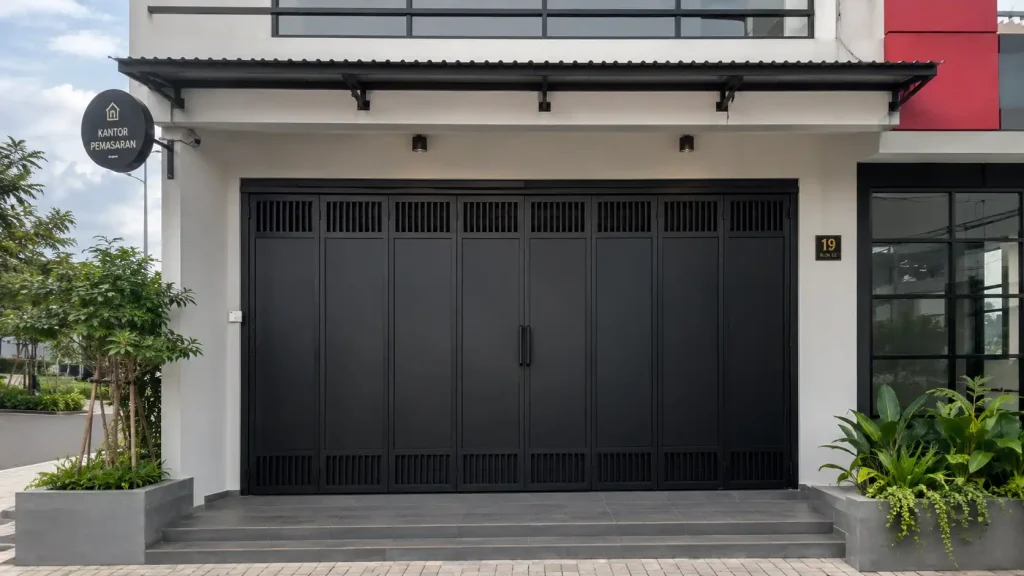 Pintu ruko besi minimalis berwarna hitam pada fasad toko modern yang bersih dan profesional.