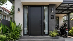Pintu rumah besi minimalis berwarna hitam pada fasad rumah modern dengan tampilan aman dan elegan.