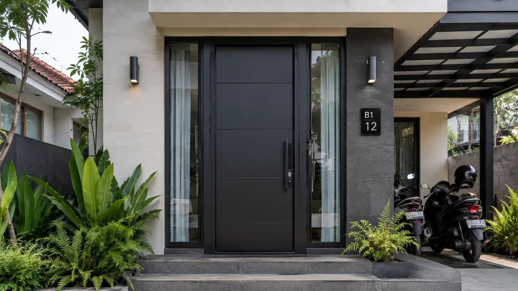 Pintu rumah besi minimalis berwarna hitam pada fasad rumah modern dengan tampilan aman dan elegan.