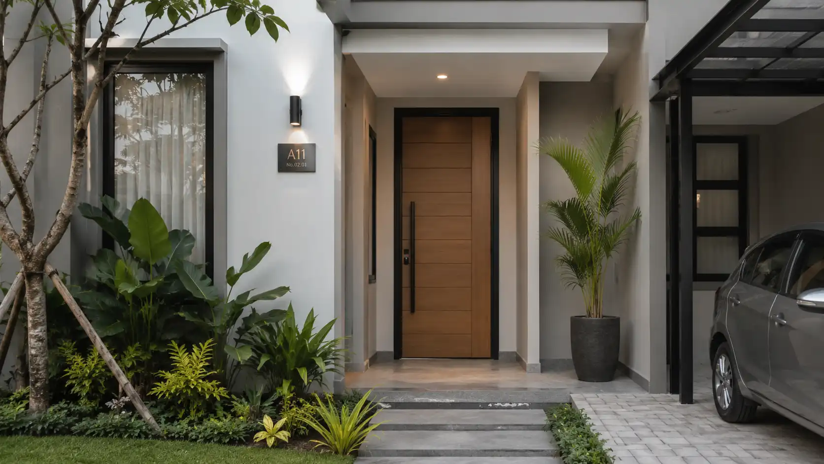 Pintu rumah minimalis berwarna hitam doff pada fasad rumah modern Indonesia dengan tampilan rapi dan elegan.